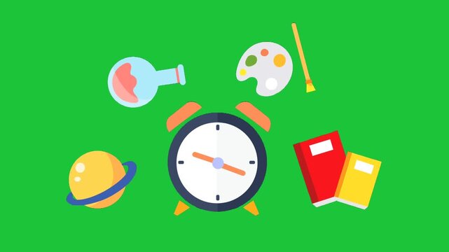 school subjects concept with clock books science art and space icons learning time education animation green background