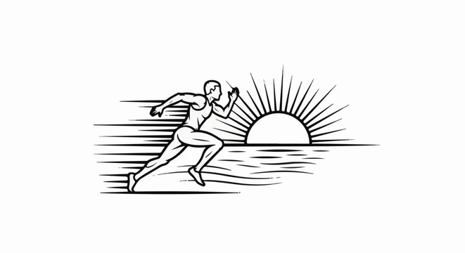 A male runner sprints towards a rising sun over water at sunrise