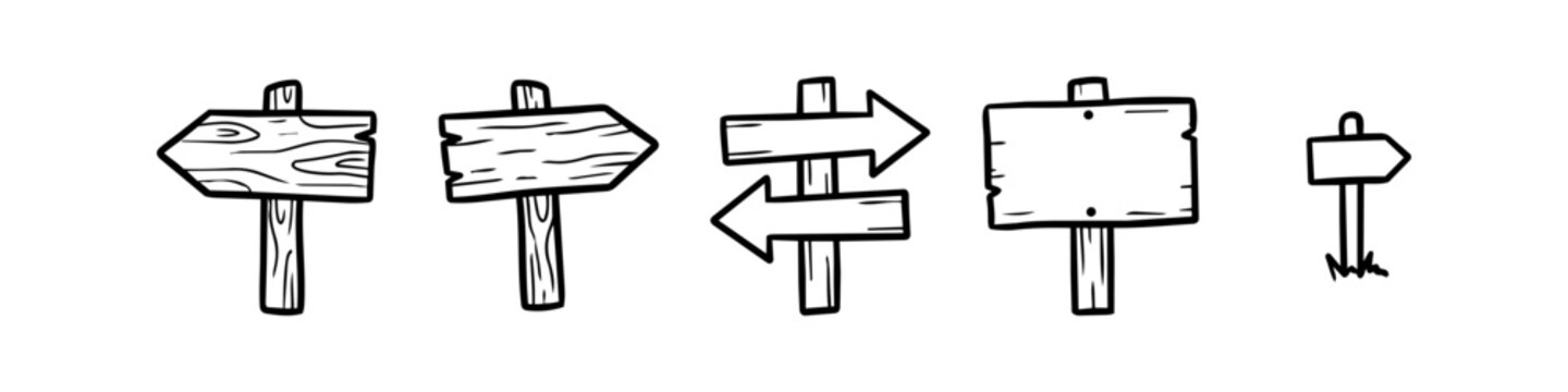 Hand-drawn vector set of rustic wooden signposts and arrow signs in a doodle style. Perfect for direction, navigation, and wayfinding designs.