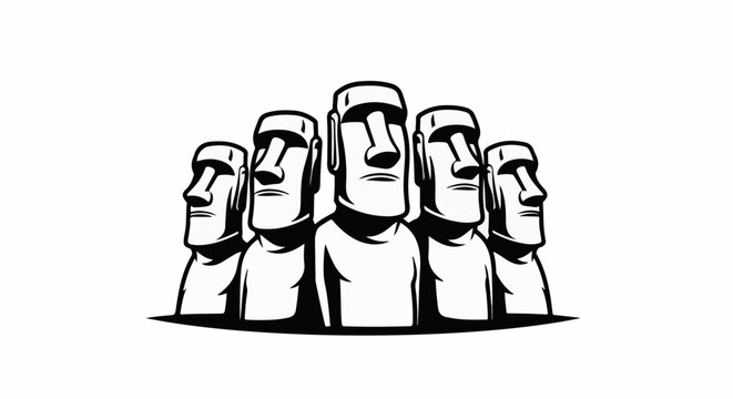 Stylized black and white graphic of five moai statues facing forward