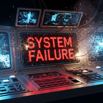 A system failure occurs on a high-tech control panel with screens.