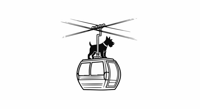 Scotty dog stands atop a cable car suspended by wires