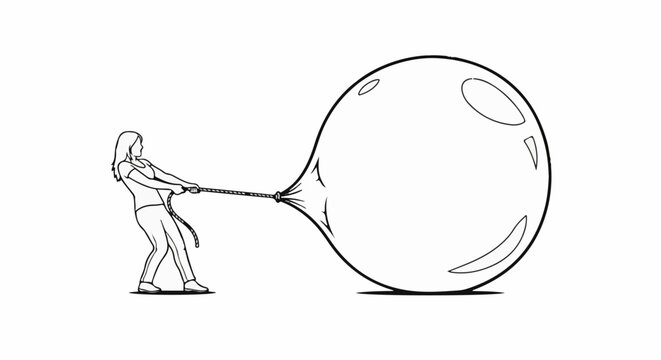 Person pulling a taut rope attached to a large, bulging balloon