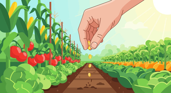 Hand Planting Seeds in Garden Soil.