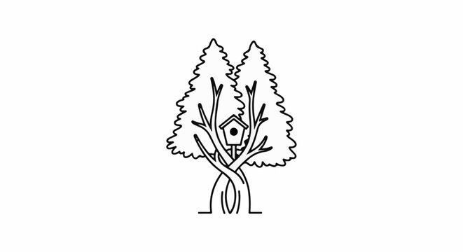Minimalist line drawing of two intertwined trees with a birdhouse in between