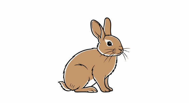 Cartoonish brown rabbit with long ears sitting on a white background