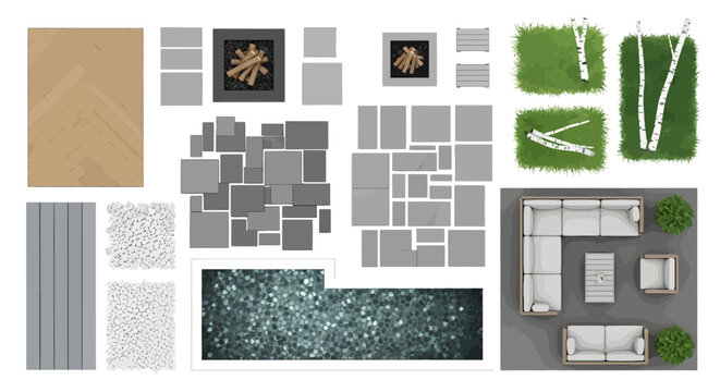 An architect designs a modern outdoor patio layout with various materials and furniture