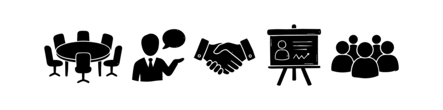 Set of hand-drawn business icons featuring a conference table, speaker, handshake, presentation board, and team group. Minimalist black doodle illustrations isolated on white background.