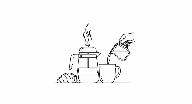 Hand pouring hot beverage from French press into mug with pastry