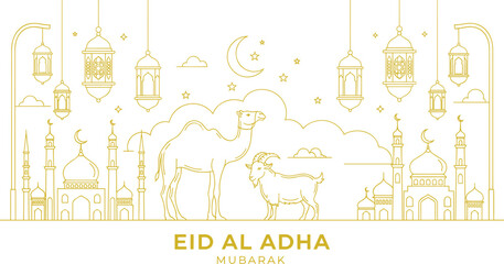 Eid Al Adha Mubarak Greeting Illustration with Mosque Skyline Lanterns Camel and Goat Islamic Festival Line Art Design © MdJillur
