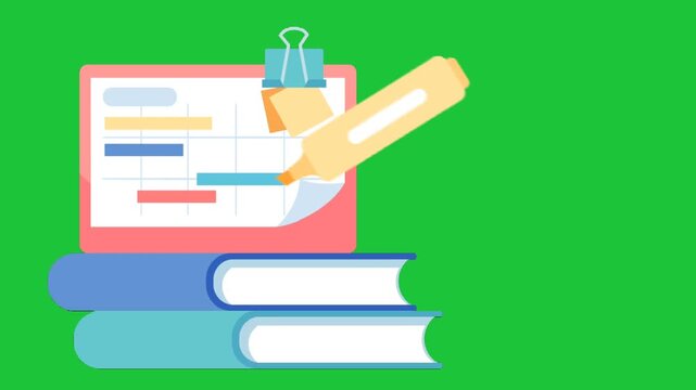 education planning concept with calendar books and marker organizing study schedule learning animation green background