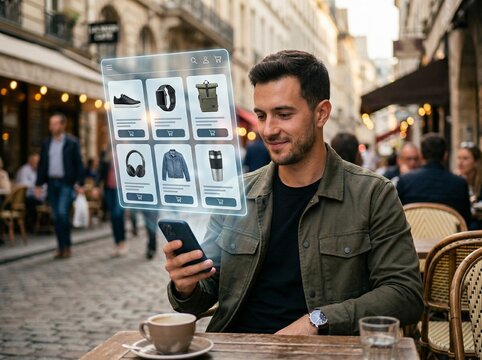 A man sits at a cafe table seemingly using augmented reality to browse various online shopping items displayed on a transparent screen