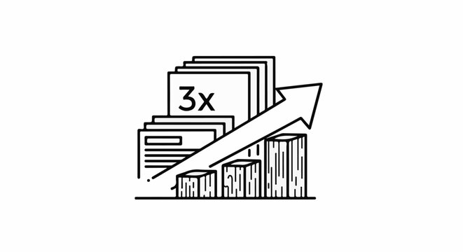 Stylized graphic showing stacked papers with "3x" and an upward trend arrow