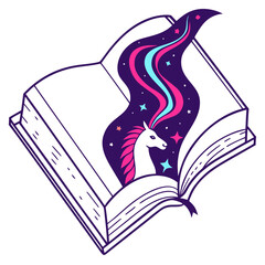 Open book with unicorn emerging from starry cosmic stream, magical fantasy story, dreamlike illustration, imagination wonder. © Md Monjel Sheikh