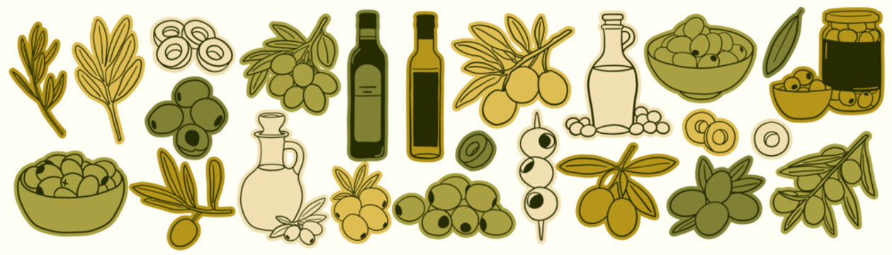 Mediterranean olive whimsical doodle icons. Hand drawn sticker illustration and scrapbook set with olive branches, oil bottles, leaves, bowls and jars. Cute kitchen vector illustration