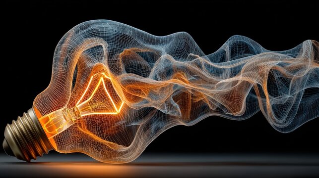 Illuminated lightbulb morphing into wispy smoke against black