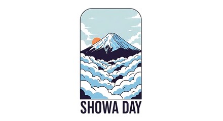 Showa Day vintage illustration, Japanese mountain landscape with rising sun and clouds, retro travel poster aesthetic for national holiday