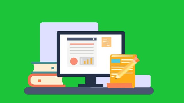 online learning workspace with computer books and notes education study concept flat style animation green background