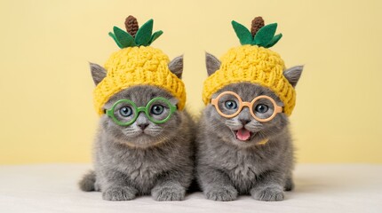 Fototapeta premium Adorable grey kittens wearing pineapple hats and glasses, cute fluffy cats in fruit costumes, funny pet portrait on yellow background
