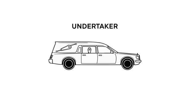 Line drawing of a hearse with coffin visible inside