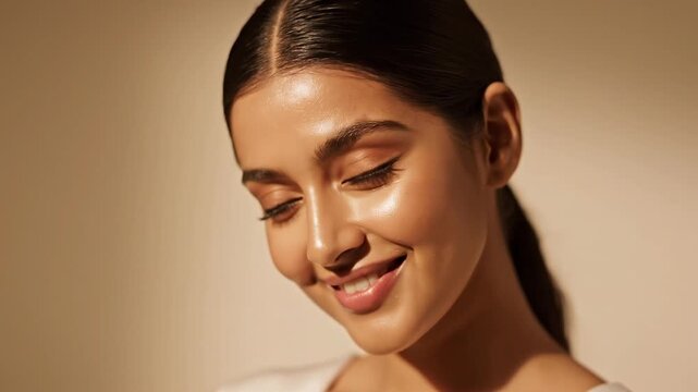 Beautiful young woman with radiant skin and natural makeup in warm golden hour sunlight for beauty and skincare concept.