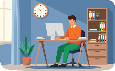 Fototapeta premium Young man working on computer at home office desk flat vector illustration.