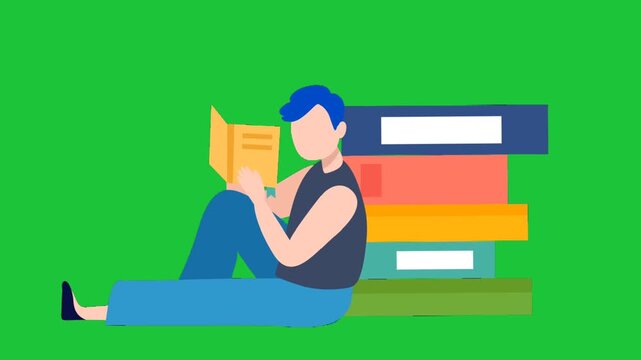 young man reading book sitting near stack of books education learning concept flat style animation green background