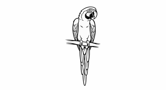 Black and white line drawing of a macaw perched on a branch