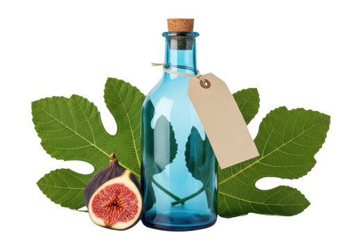 Blue glass bottle with cork and blank tag next to fresh figs and leaves isolated on transparent background