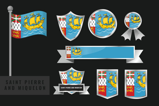 Professional set of Saint Pierre and Miquelon flag emblems. Includes shields, badges, and icons with the Grande Hermine ship. Ideal for French territory and North American designs