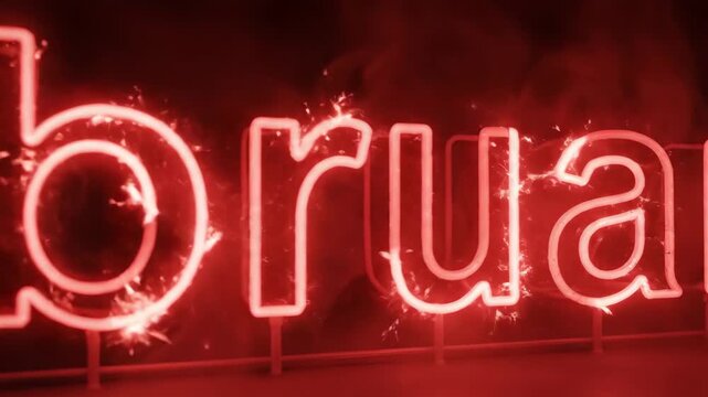 Glowing red neon sign spelling February in a dark smoky environment for calendar and event planning.