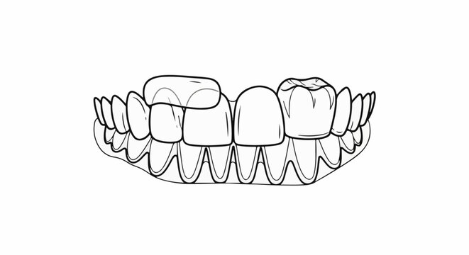 Stylized line drawing of upper and lower teeth with dental work
