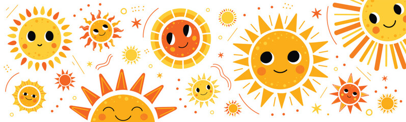 Cute sun banner with different shapes and rays. Funny smiling suns, summer theme . Vector illustration isolated on white background. © Hanna Bykova