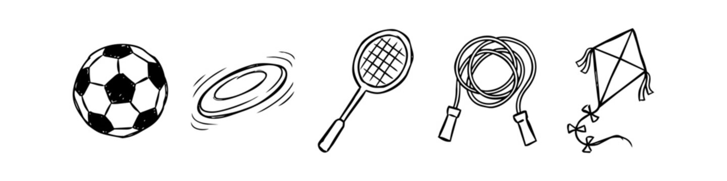 Hand-drawn black and white doodle set of outdoor activity equipment like a soccer ball, frisbee, racket, skipping rope, and kite. Minimalist icons for sports and leisure games.