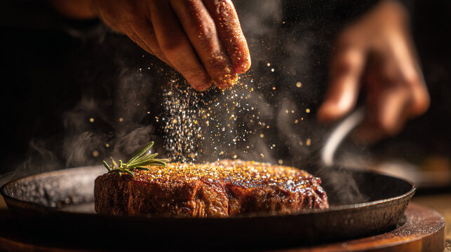 A chef seasoning a steak in a pan