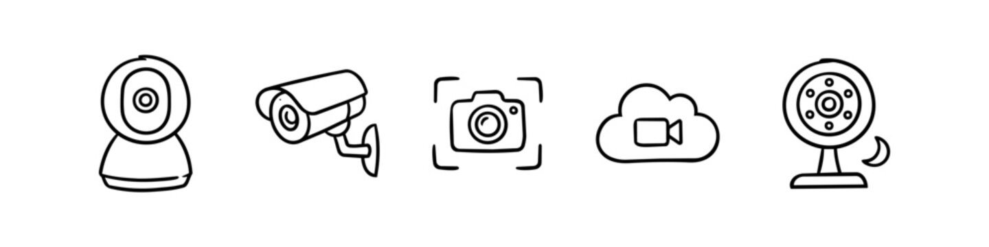 Set of hand-drawn security camera and surveillance icons. Includes CCTV, IP camera, cloud video recording, and night vision monitoring in a simple black line art doodle style.