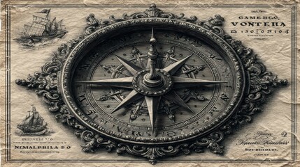 Naklejka premium Antique compass with ornate detailing and ships on aged paper