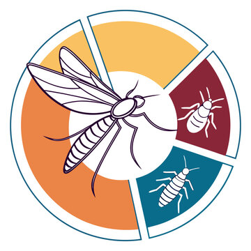 Integrated pest management concept with mosquito and two insect pests on a colorful circular diagram divided into sections.