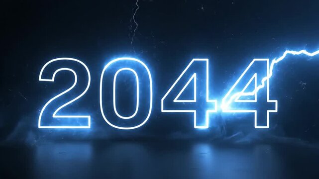 Futuristic glowing neon number 2044 with electric lightning strikes and blue energy background.