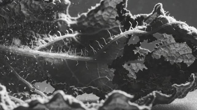 Black and white close-up of a damaged leaf illuminated against a shadowy background showing intricate details and textures
