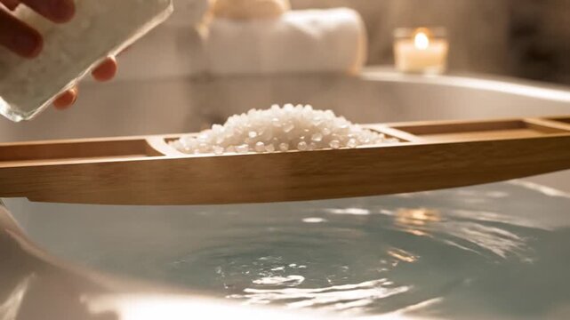 Hand pouring bath salts from jar into wooden tray above calm water in spa setting
