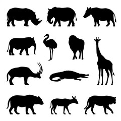 Fototapeta premium Animal silhouette collection set with wildlife icons isolated on white background 