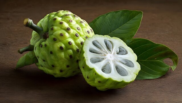 Fresh Soursop Fruit Cut in Half Showing Seeds and Pulp, Tropical Noni Fruit