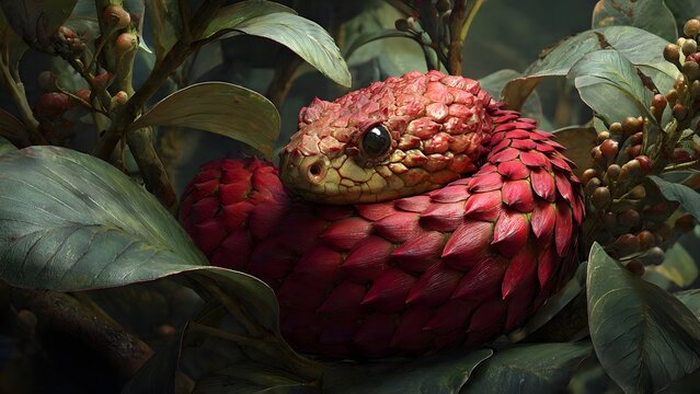 Exotic Red Bush Viper Snake Coiled in Lush Green Foliage