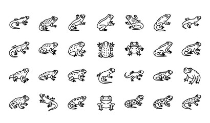 Fototapeta premium A set of black and white vector illustrations of frogs in various poses
