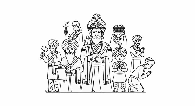 A line drawing of a group of men and a boy in turbans