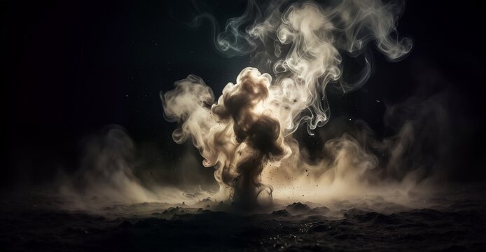 Abstract swirling white smoke explosion against a dark cinematic background