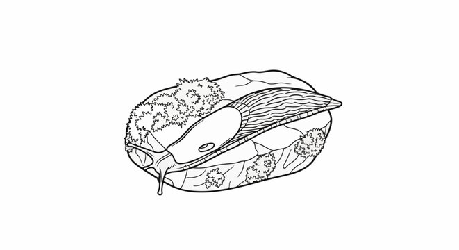 A detailed black and white illustration of a slug on a leaf