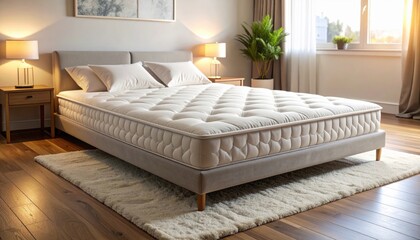 Fototapeta premium Luxurious plush velvet floor mattress on a stylish bed frame in a comfortable bedroom setting