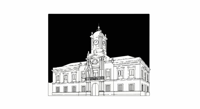 A detailed line drawing of a grand, multi-story building with a prominent clock tower